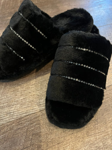 Black Faux Fur Rhinestone Slippers