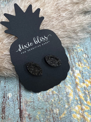 BLACK GLITTER FOOTBALL STUD EARRINGS