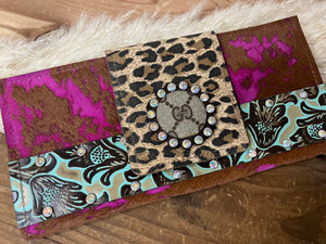 K.I.G. Extra Large Leather Wallet - Turquoise Floral/Leopard Flap