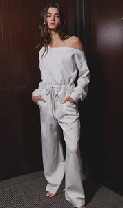 OFF SHOULDER SCUBA WIDE LEG JUMPSUIT - HEATHER GRAY