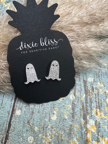 SILVER GLITTER GHOST STUD EARRINGS