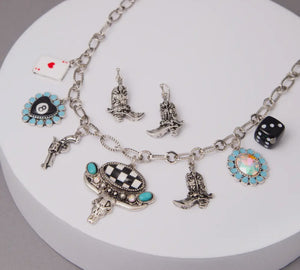 Western Gambling Charm Necklace & Earring Set