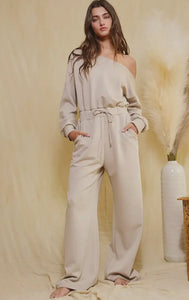 OFF SHOULDER SCUBA WIDE LEG JUMPSUIT - TAUPE