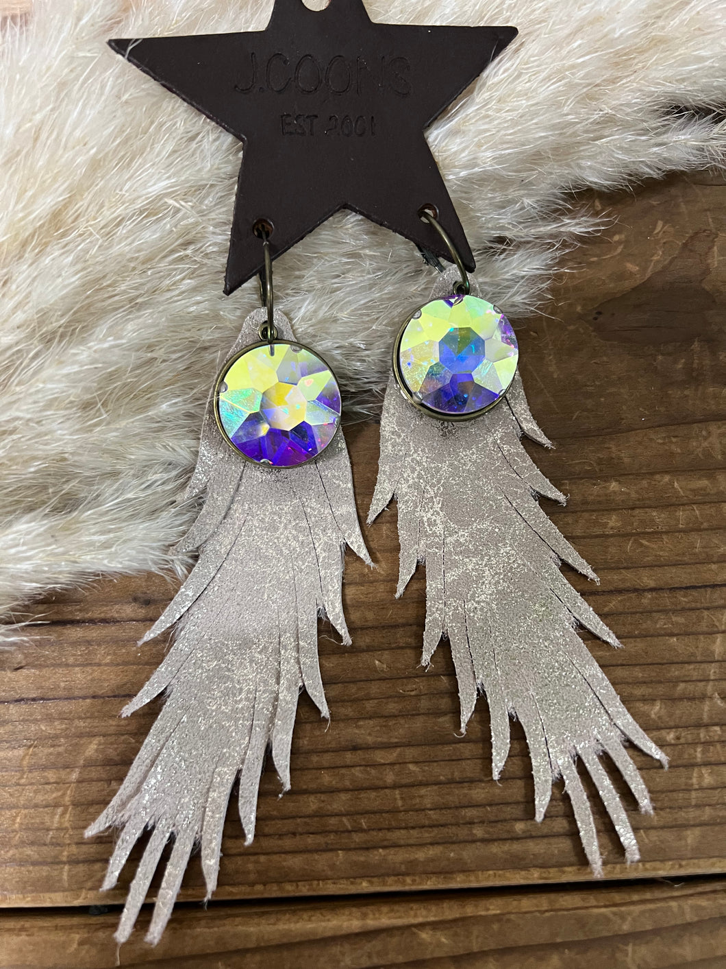 Leather Feather Earrings With Large AB Stone