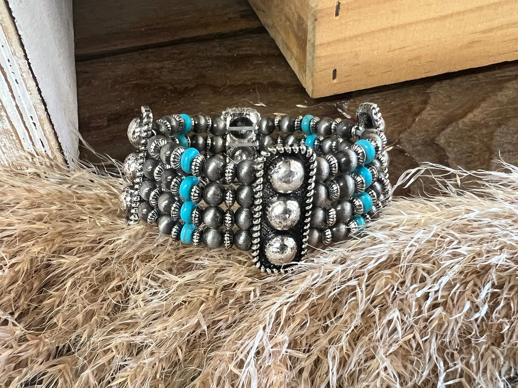 Multi-Row Western Stretch Bracelet - Siler/Turquoise