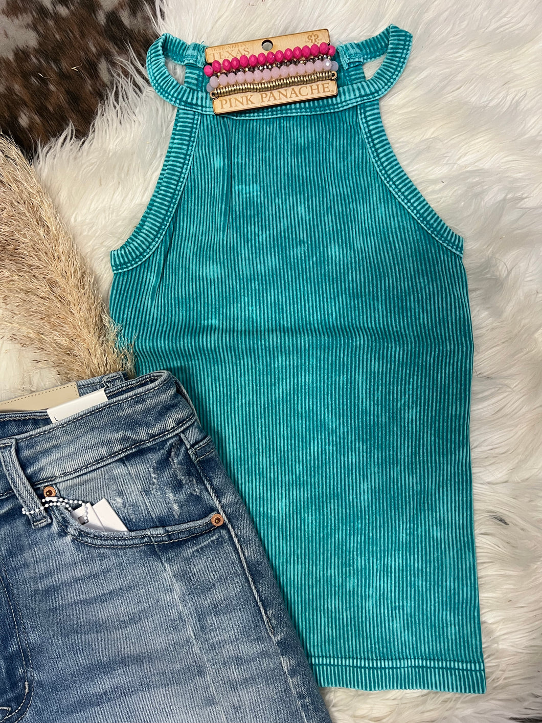 Stone Wash Ribbed Cami - Lt Teal