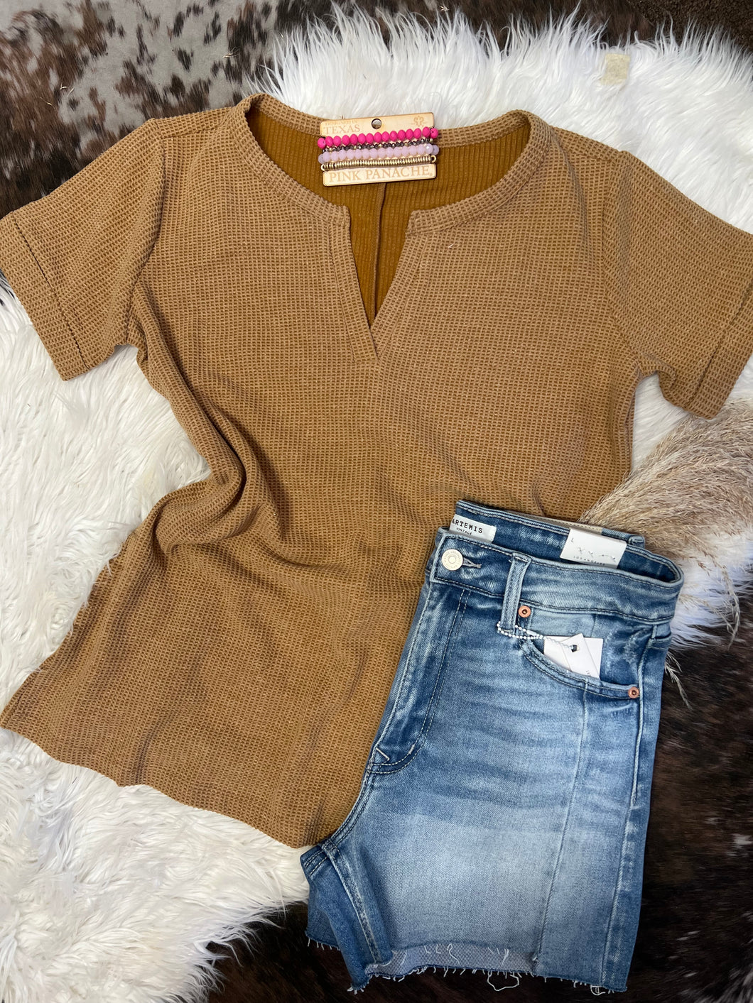 Simply Put Waffle Knit Top - Camel