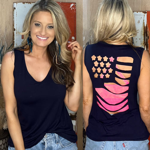 Stars & Stripes Laser Cutout Tank - Navy