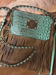 Keep It Gypsy Pop Of Color Braided Strap Fringe Crossbody - Turquoise Croc