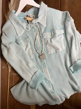 Load image into Gallery viewer, VINTAGE WASH WAFFLE KNIT SHACKET - BABY BLUE