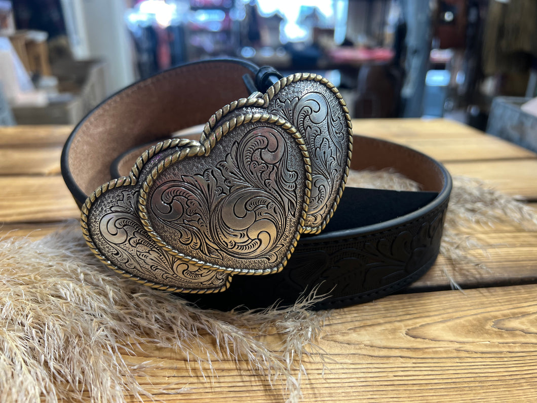 TRIPLE HEART BUCKLE & TOOLED BELT - BLACK