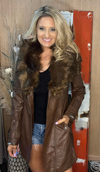 Faux Leather Jacket With Faux Fur Collar