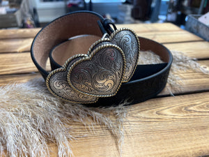 TRIPLE HEART BUCKLE & TOOLED BELT - BLACK