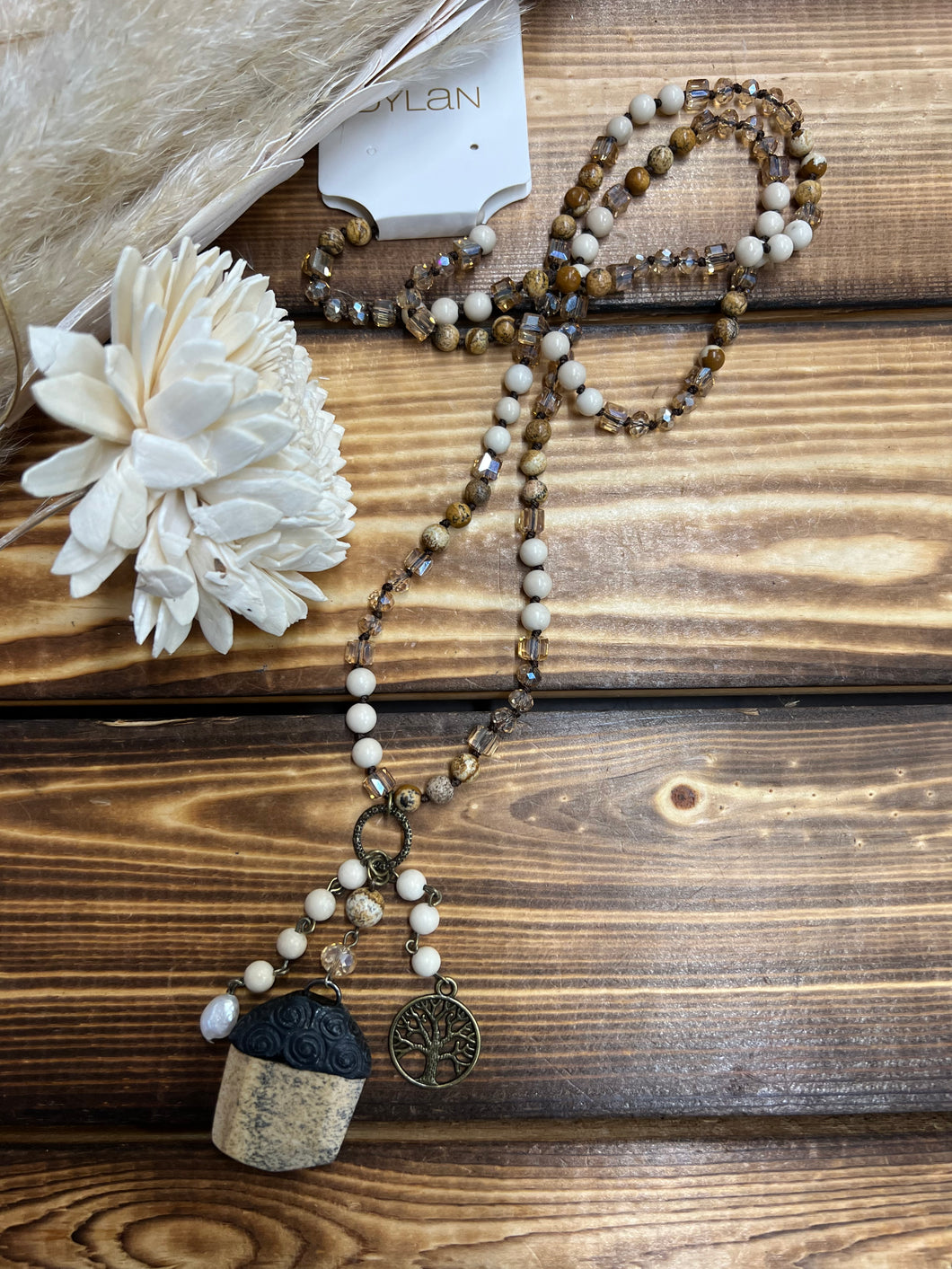 Neutral Beaded Long Pendant Necklace