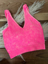 Load image into Gallery viewer, V Neck Padded Ribbed Bralette - Neon Coral Punch