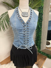 Load image into Gallery viewer, Braided Front Halter Denim Top