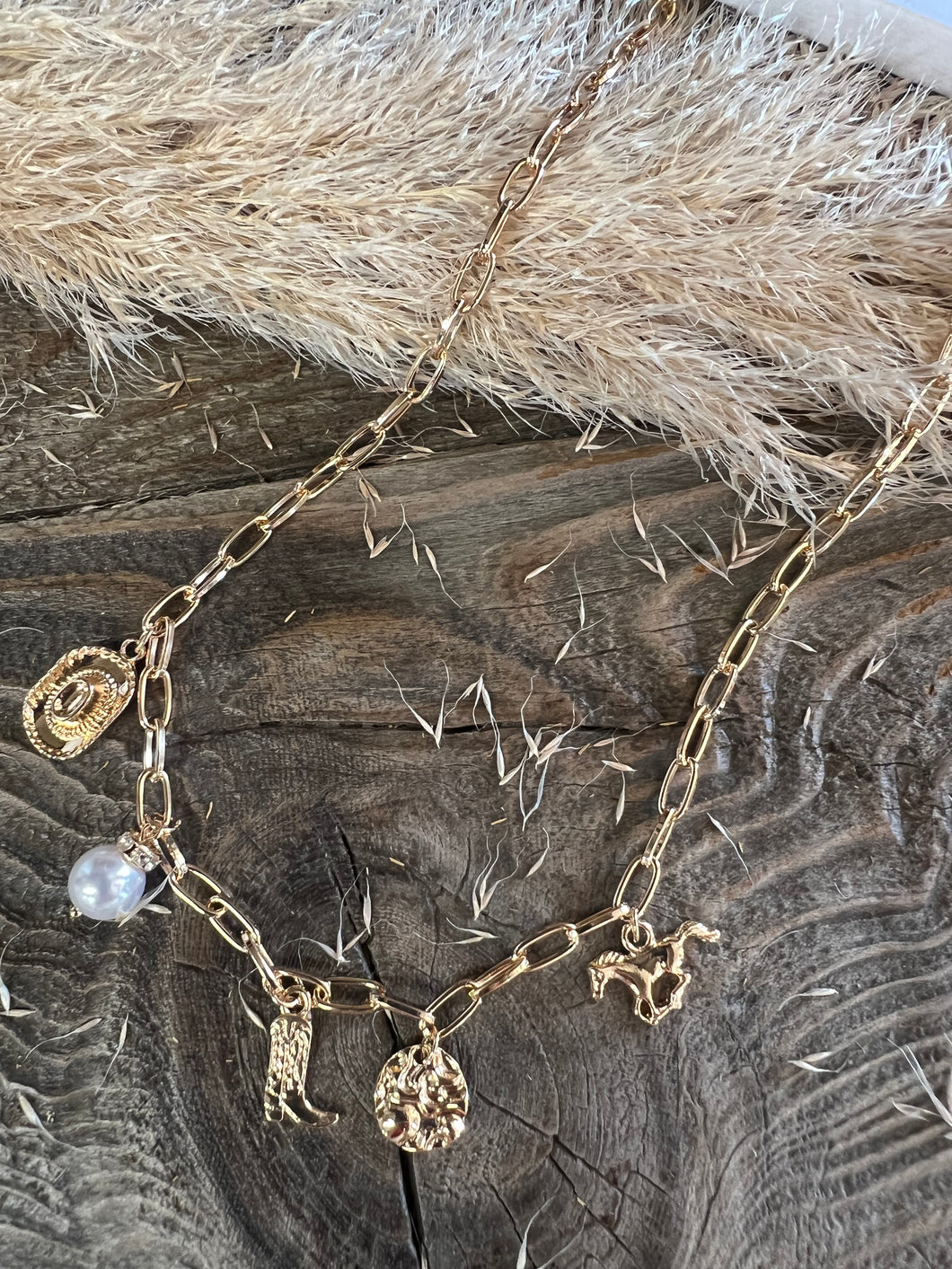 Western Charm Necklace - COWBOY HAT/BOOT/PEARL