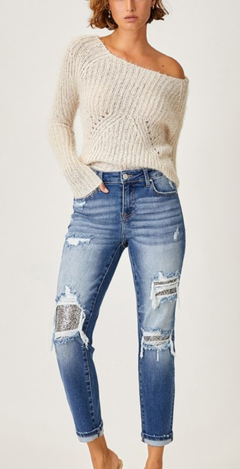 Sequin Patch Distressed Jeans With Stretch No