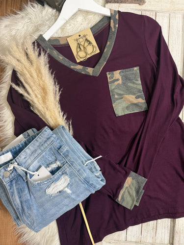 Serena Camo V Neck Top - Plum