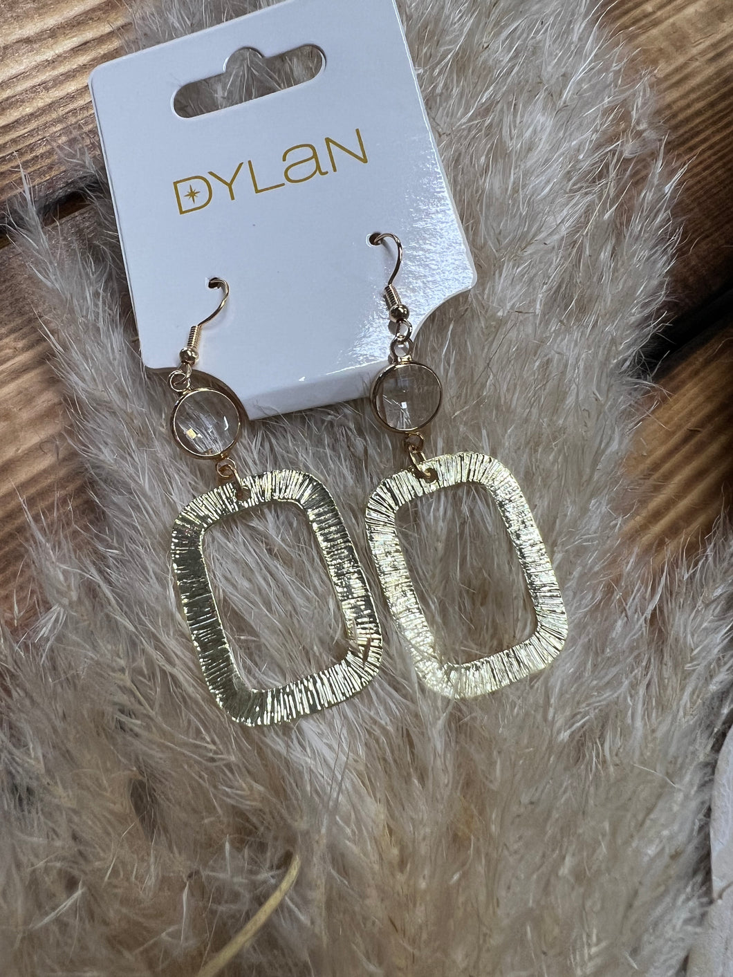 Lightweight Square Gold Dangle Earrings With Clear Gem