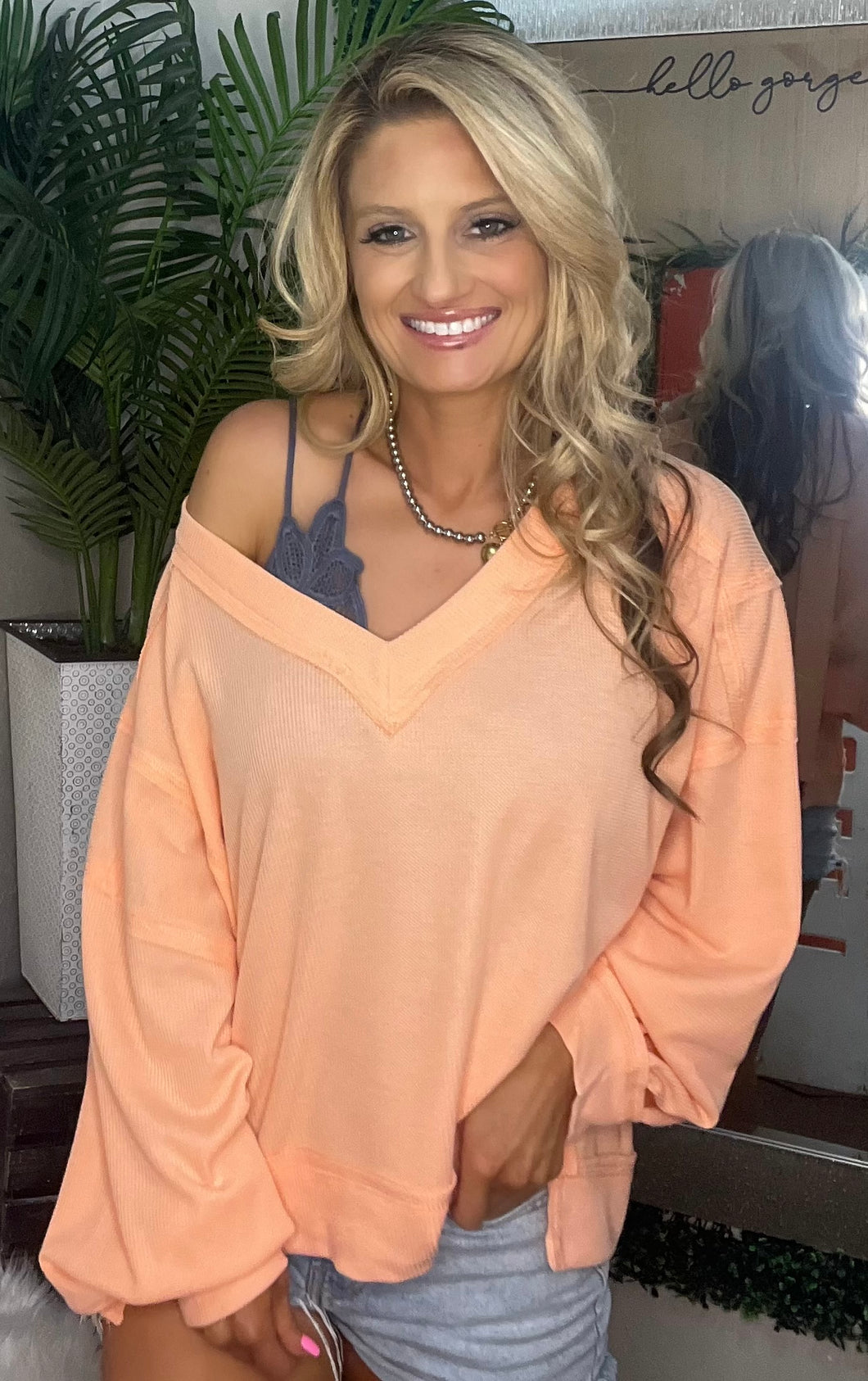 Waffle Knit Oversized V Neck - Coral