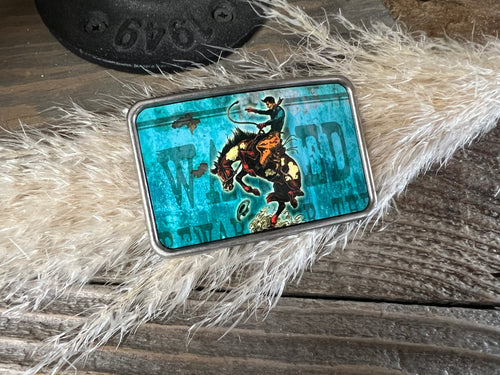 Western Belt Buckle - Turquoise Wanted Bucking Cowboy