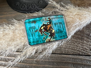 Western Belt Buckle - Turquoise Wanted Bucking Cowboy