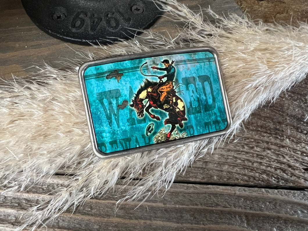 Western Belt Buckle - Turquoise Wanted Bucking Cowboy
