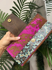 K.I.G. Extra Large Leather Wallet - Turquoise Floral/Leopard Flap