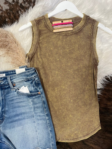 Stone Washed Raw Hem Tank - Mocha