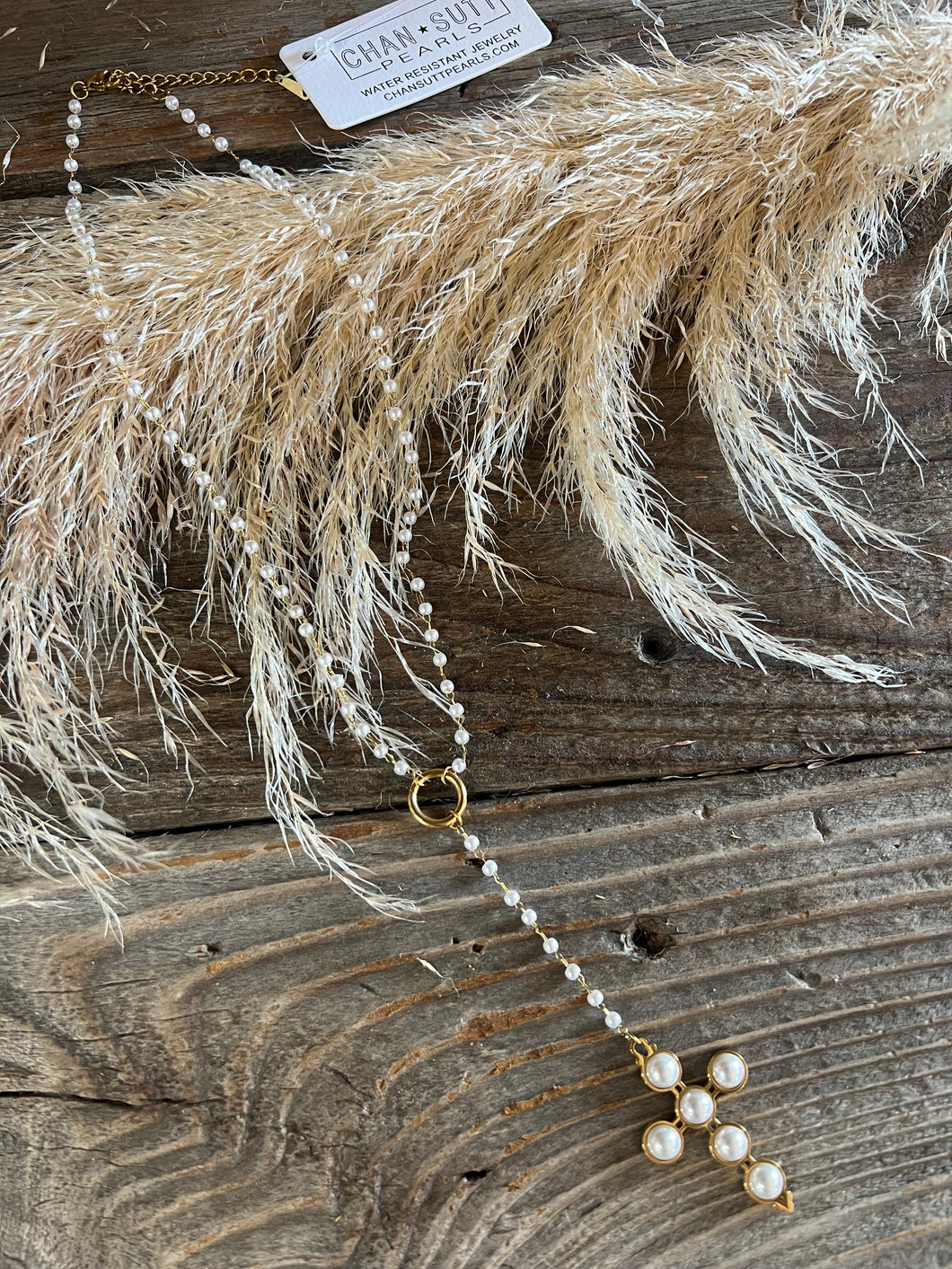 Chan*Sutton Lariat Pearl Cross Dangle Necklace