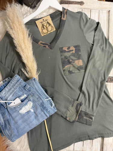 Serena Camo V Neck Top - Light Olive