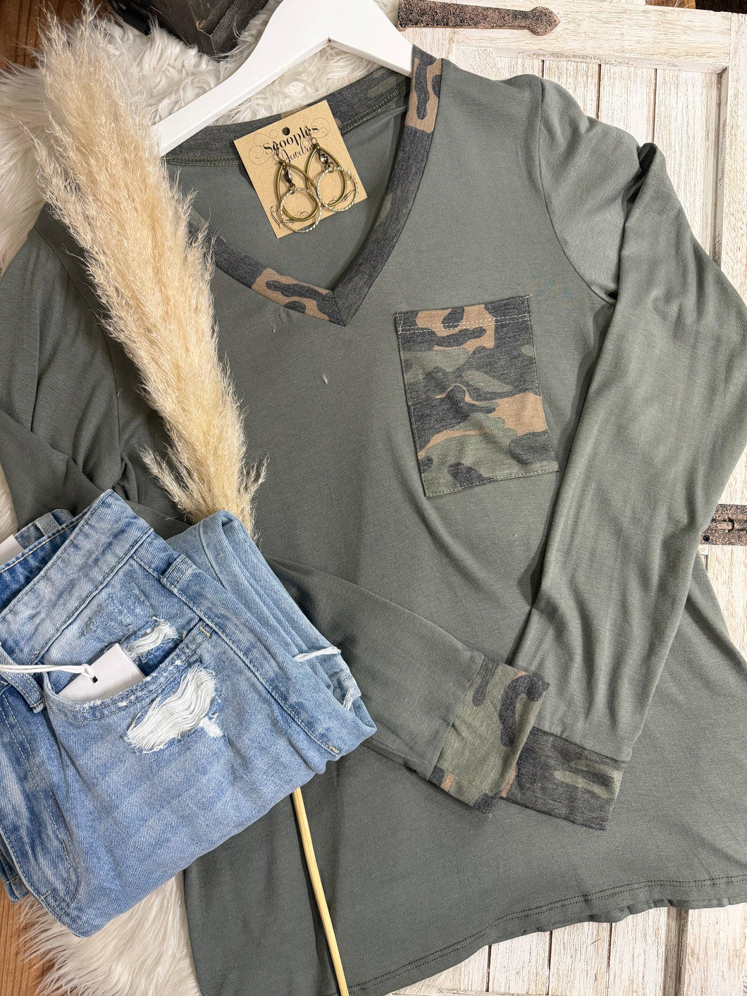 Serena Camo V Neck Top - Light Olive