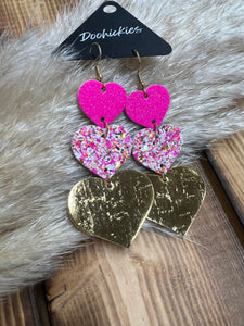 Triple Heart Waterfall Earrings - Pink/Gold