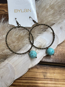 Hammered Gold Hoop Earrings With Turquoise Gem