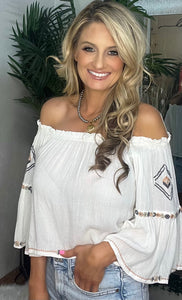 Off Shoulder Linen Embroidered Top