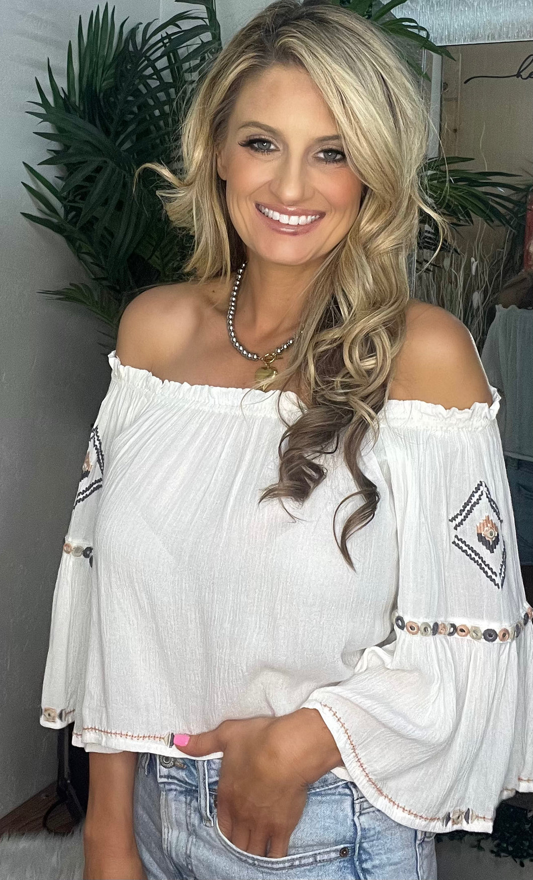 Off Shoulder Linen Embroidered Top