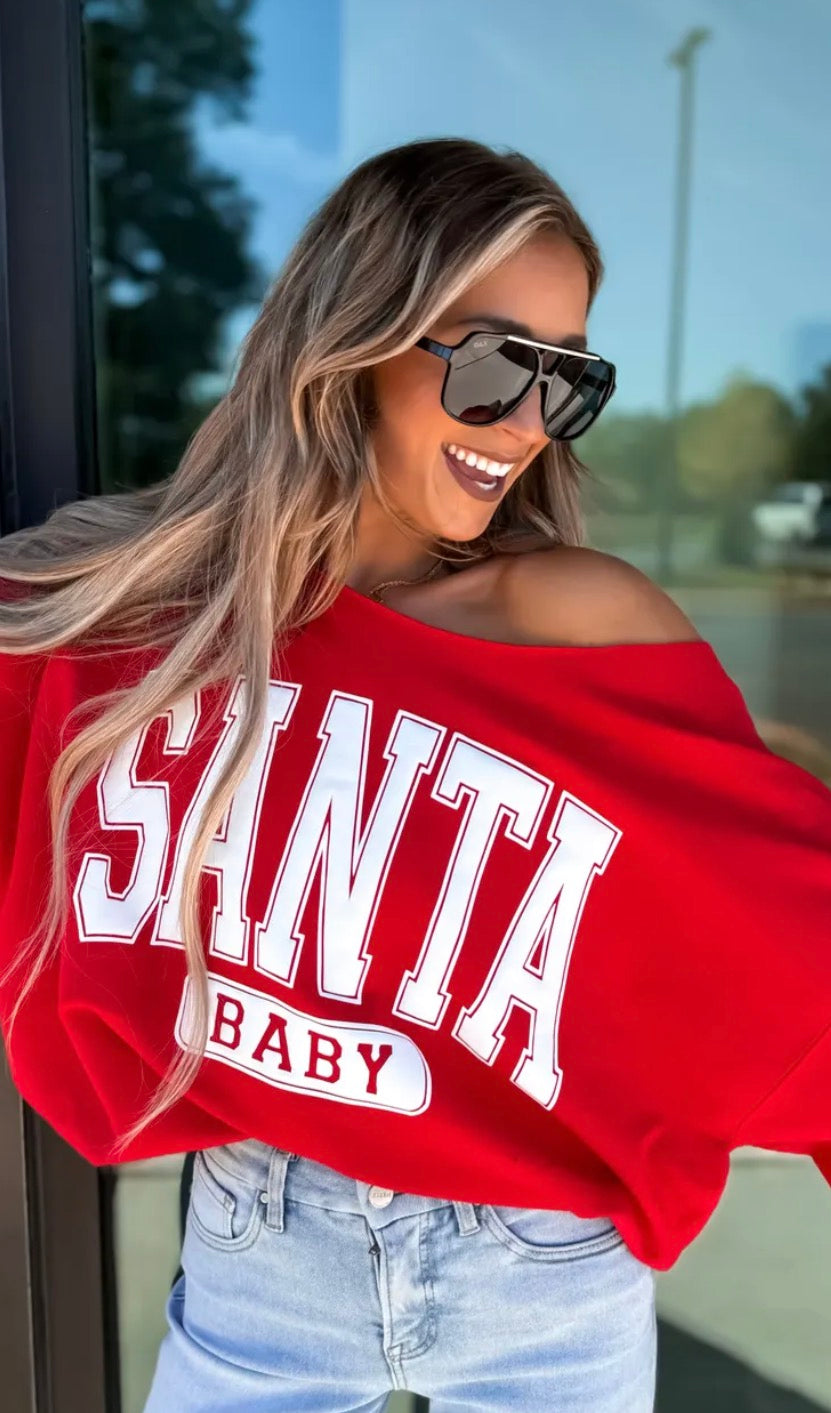 Santa Baby Pink Off Shoulder Sweatshirt - Ruby