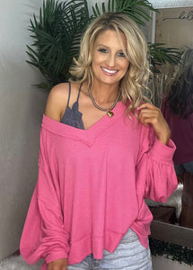 Waffle Knit Oversized V Neck - Fuchsia