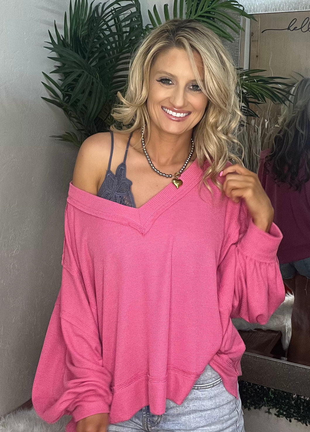 Waffle Knit Oversized V Neck - Fuchsia