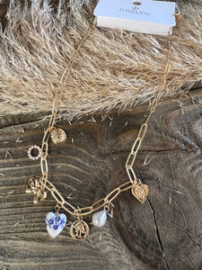 Blue Floral Heart Charm Necklace