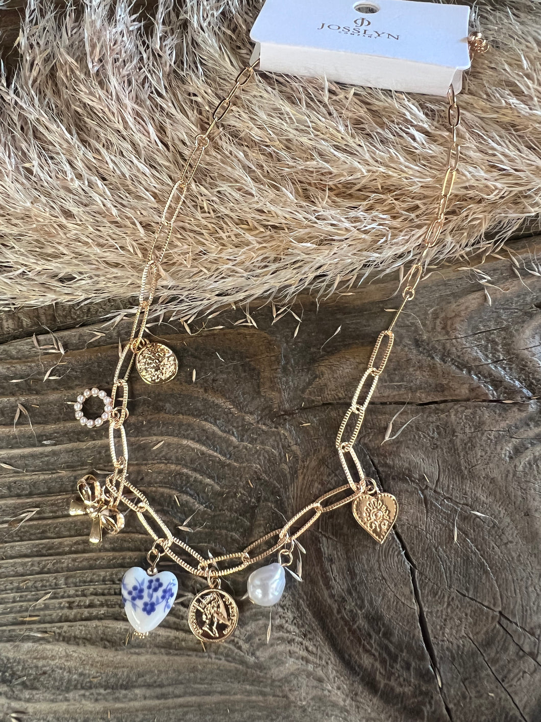 Blue Floral Heart Charm Necklace