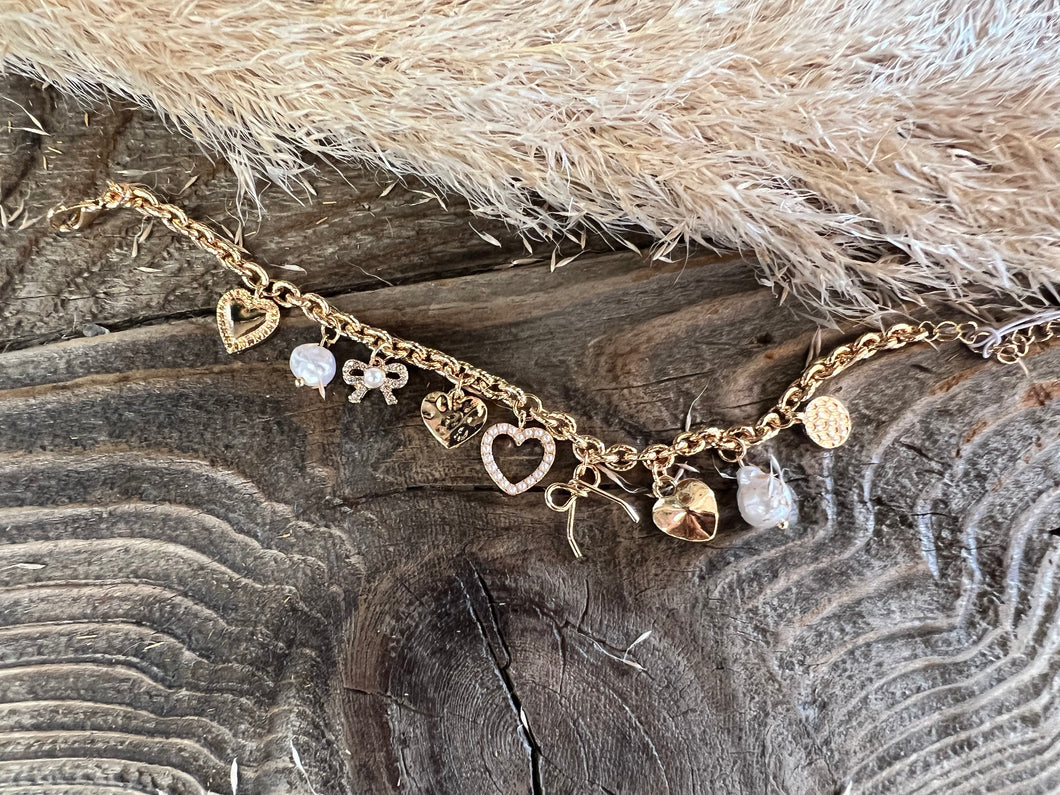 Gold Charm Bracelet - Heart + Bows