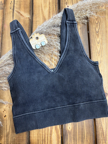 V Neck Bralette - MINERAL WASH BLACK