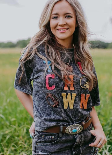 Touchdown Embroidered Football Long Crop Tee - Acid Wash Black