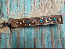 Load image into Gallery viewer, River Glen Tooled Key Fob - Honey Turquoise Stones