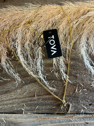 TOVA - Double Heart Necklace - Black/Clear Crytals