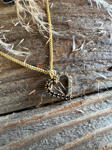 TOVA - Double Heart Necklace - Black/Clear Crytals