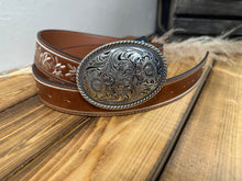 Load image into Gallery viewer, Western Oval Buckle Floral Belt - -Brown - Plus Fit