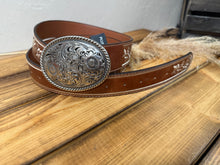Load image into Gallery viewer, Western Oval Buckle Floral Belt - -Brown - Plus Fit